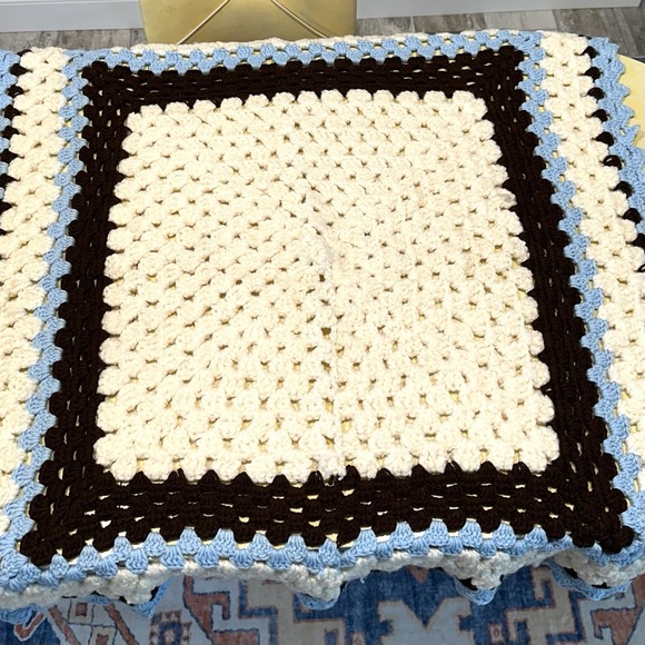 Handmade Crochet Blanket 40" Ivory/Blue/Black‎ - Picture 1 of 7